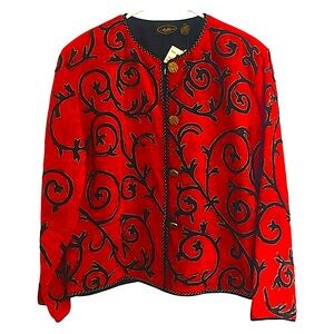 Romantic Goth Corduroy Blazer PL Button Front Vibrant Red Black Gold Embroidery